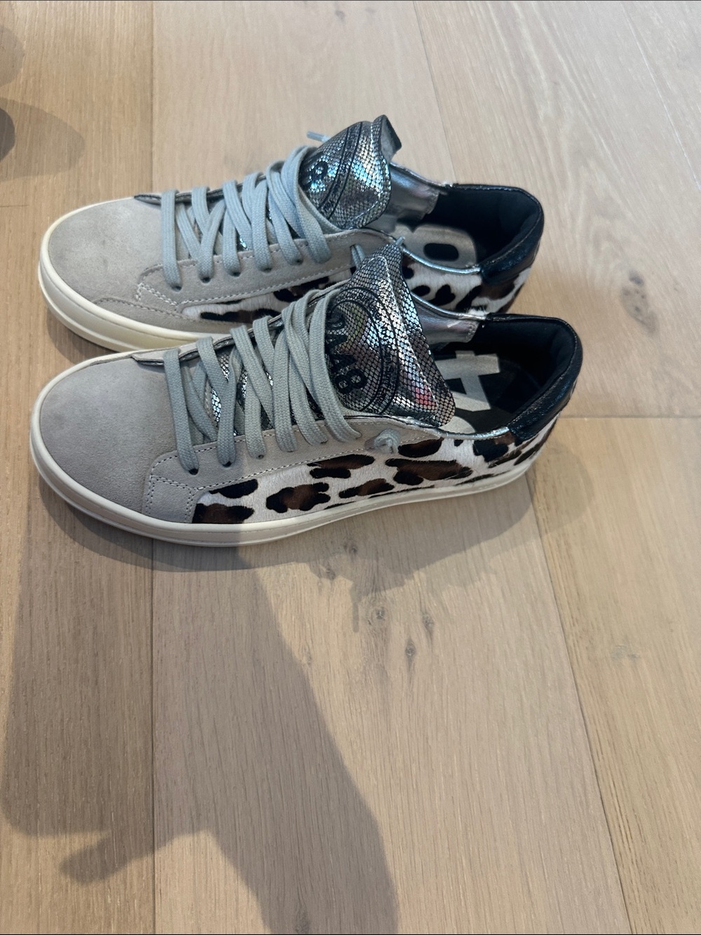 P448 Women's Low-Top Sneakers in Gray, Black, White and Brown Leopard